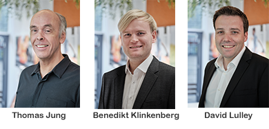 Drei Portraitfotos der Ansprechpartner Elektromobilität Thomas Jung, Benedikt Klinkenberg, David Lulley
