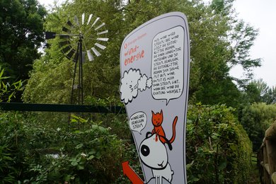Fünfte Stationstafel mit Erklärung zur Windenergie vor Bäumen im Aachener Tierpark