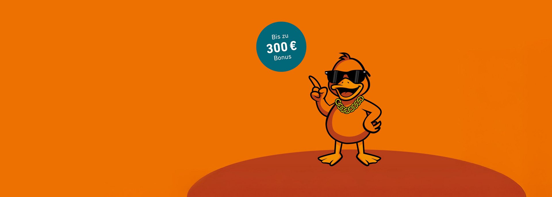 Ente Else im Comic-Style mit Sonnebrille und Goldkette und Störer mit "Bis zu 300 € Bonus"