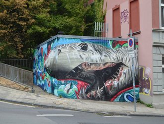 Street Art Motiv Nahaufnahme aufgerissenes Haifischmaul auf Stawag Trafostation