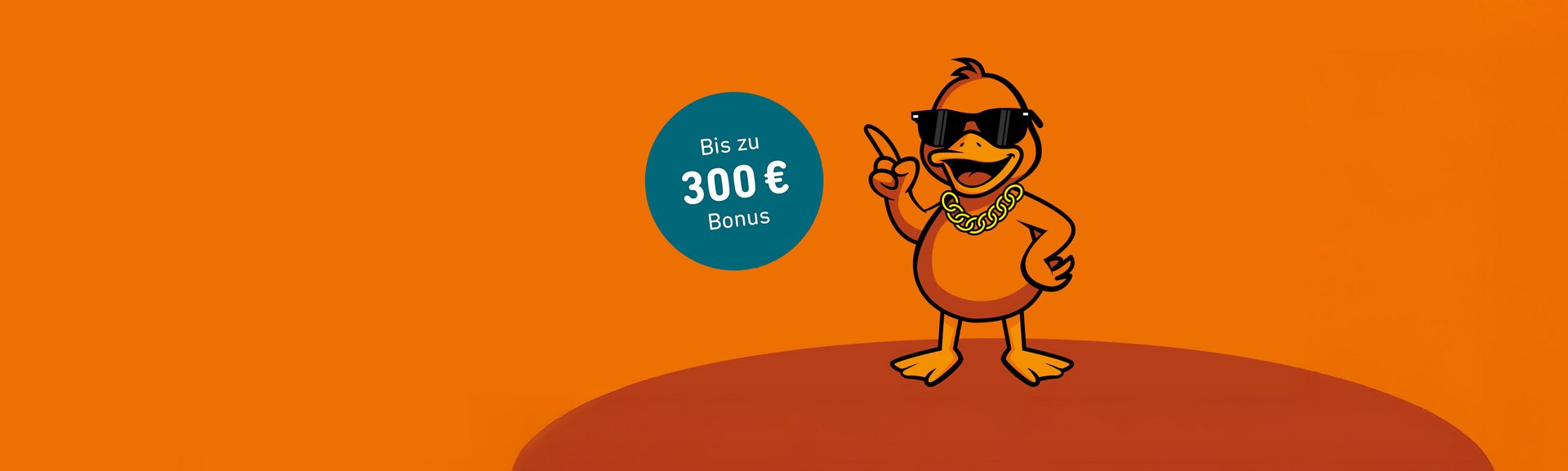 Ente Else im Comic-Style mit Sonnebrille und Goldkette und Störer mit "Bis zu 300 € Bonus"
