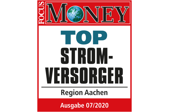 Siegel mit Schriftzug Top Stromversorger Region Aachen Ausgabe 7/20 von Focus Money
