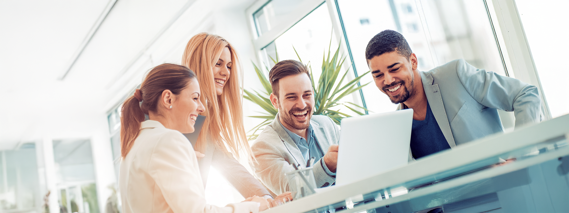 Vier Personen besprechen gemeinsam Inhalte auf einem Laptop im Büro.