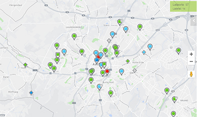Landkarte mit markierten Ladestationen im Raum Aachen 