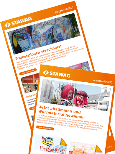 Zwei übereinander liegende Stawag Newsletterausgaben mit Bild und Text