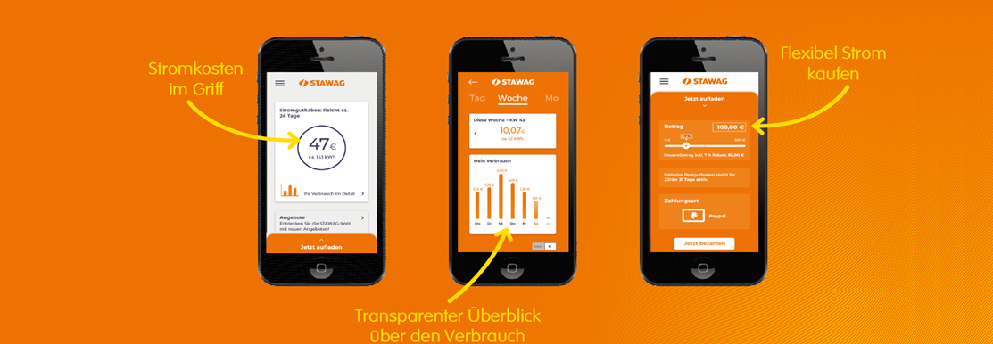 Drei Mobile Ansichten zeigen Vorteile aus der Stawag Prepaid App vor orangem Hintergrund