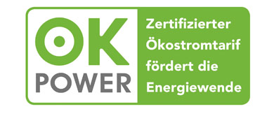 Grünes Logo mit Schriftzug OK Power, Zertifizierter Ökostromtarif fördert die Energiewende
